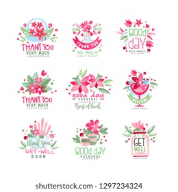 Thank You, Good Day, Get Well logo design set, holiday card, banner, invitation with lettering, colorful label with floral elements vector Illustration