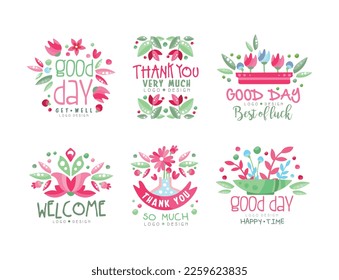 Thank You and Good Day Logo Design with Floral Elements Vector Set