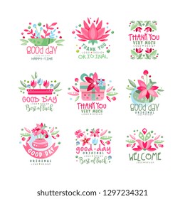 Thank You, Good Day, Welcome logo design set, card, banner, invitation with lettering, colorful label with floral elements vector Illustration