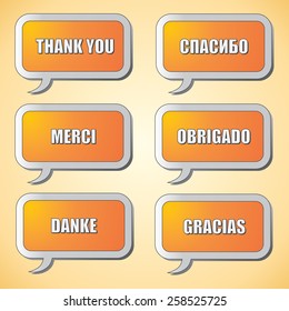 Thank You - Grateful Bubbles in Six Languages. English, Russian, French, Portuguese, German and Spanish. Vector Illustration