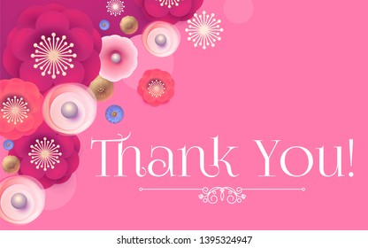 Thank You! Gratitude Card Template with Cute Flowers. Birthday, Wedding, Bridal Shower Greeting.