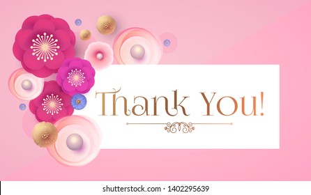 Thank You Gratitude Card Template with Cute Flowers. Birthday, Wedding, Bridal Shower Greeting.