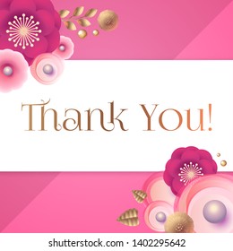 Thank You Gratitude Card Template with Cute Flowers. Birthday, Wedding, Bridal Shower Greeting.