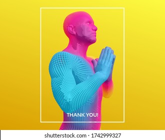 Thank you, gratitude hands gesture. Man greets traditional way with both hands. Prayer to god with faith and hope. Concept for religion, worship, love and spirituality. 3d vector illustration. 