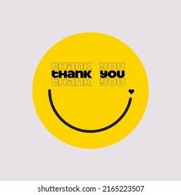 Thank you gratitude sticker or label or badge design template with round yellow smile isolated on white background. Vector illustration