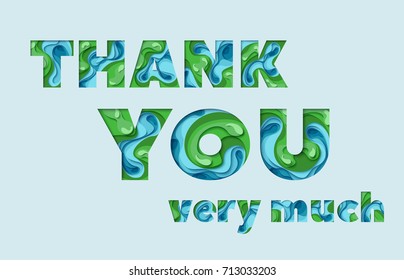 Thank you greeting card. 3d paper cut concept design. Vector paper carving typographical background 