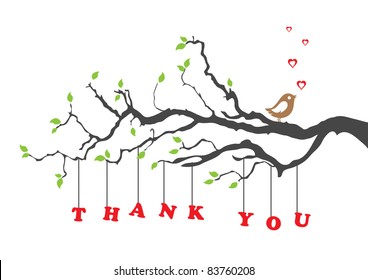 'Thank you' greeting card with bird. Vector illustration.