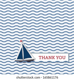 Thank you greeting card with boat, nautical background