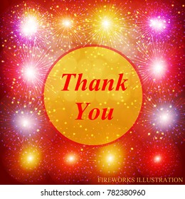 Thank You greeting card. Brightly Colorful Fireworks. Holiday fireworks background. Red illustration of Fireworks. Merry christmas vector illustration.
