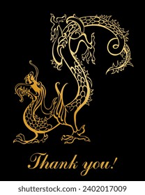 Thank you greeting card. Celebration back background with gold dragon and place for your text. Vector illustration.