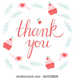Thank you greeting card with cupcakes, branches, hearts and hand lettering in Red, Pink, Blue and White. Perfect for wedding, romantic cards. Hand drawn calligraphy. 
