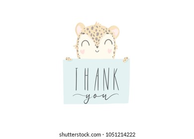 Thank you greeting card. Cute hand drawn leopard with gift box. Present with bow and ribbon. Vector illustration
