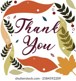 Thank you greeting card with fancy leaf design and calligraphic text . 