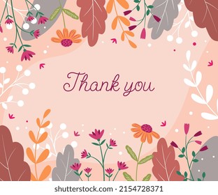 Thank you greeting card. Floral background with leaves. Field and garden flowers.