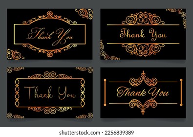 Thank you greeting card golden antique calligraphy template set vector illustration. Gratitude appreciation thankful message classic luxury ornate. Thanksgiving words quote lettering vintage design