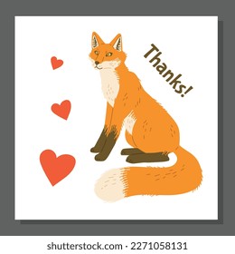 Thank you greeting card template with adorable ginger fox character, flat vector illustration. Hand drawn gratitude card or thanks postcard print design.