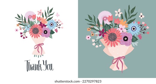 Thank you greeting cards or postcards with flowers bouquet and hand lettering for different celebrations 