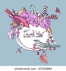 Thank You Greeting Round Frame, Hand Drawn Spring Vector Illustration with Blooming Flowers, Roses and Birds