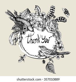 Thank You Greeting Round Frame, Monochrome Hand Drawn Spring Vector Illustration with Blooming Flowers, Roses and Birds
