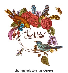 Thank You Greeting Round Frame, Hand Drawn Spring Vector Illustration with Blooming Flowers, Roses and Birds