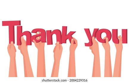 Thank you. A group of people hold big letters. Word in hand. Red letters. Landing pageof gratitude. Vector illustration flat design. Isolated on white background.