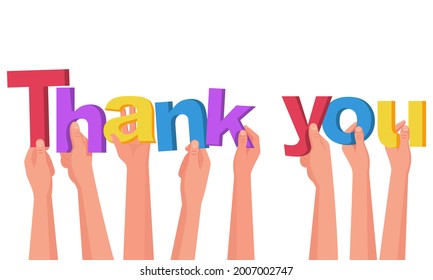 Thank you. A group of people hold big letters. Word in hand. Colored letters. Landing pageof gratitude. Vector illustration flat design. Isolated on white background.