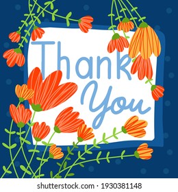 Thank you hand drawn card Trendy square banner. Templates with doodle floral elements. For social media posts, web background Vector illustration