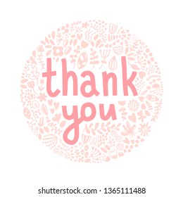 Thank you hand drawn lettering in pastel pink colors cartoon decorative elements round form