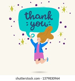 Thank You hand drawn lettering message in a speech bubble with jumping girl. Cartoon flat style vector illustration with handwritten phrase. Comic image of young long haired woman expressing thanks