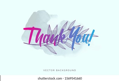 Thank You Hand Drawn Lettering, Greeting card with leaf in vector format