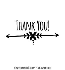 Thank You Hand Drawn Vector Card with Arrows and Leaves