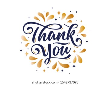 Thank You, Hand lettering Thank You with decorative golden graphic on white background. Banner, poster, greeting card with calligraphy thank you for holiday Thanksgiving Day. Vector Illustration