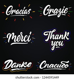 Thank you hand lettering in different languages: english, french, german, spanish, italian,russsian.White inscriptions with colored elements isolated on a black background.