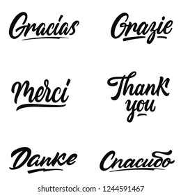 Thank you hand lettering in different languages: english, french, german, spanish, italian,russsian.Isolated on a white background.