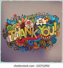 "Thank You" hand lettering and doodles elements background. Vector illustration