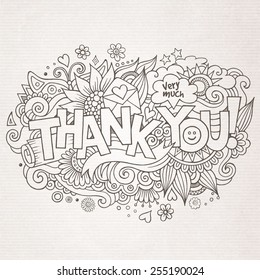 "Thank You" hand lettering and doodles elements background. Vector illustration