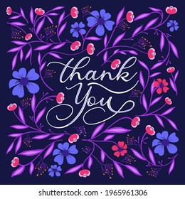 Thank you hand Lettering With flowing Floral. Good for greeting card and Wedding  . 