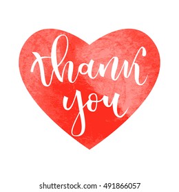 Thank you hand lettering greeting on red watercolour heart background