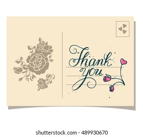 THANK YOU hand lettering - handmade calligraphy.Phrase Thank you on old postcard.Vector illustration