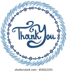 Thank you Hand lettering. Hipster t-shirt, tattoo,lettering line art doodle design. Vector. Watercolor blots, Markers, pencils texture. Hand made borders. Motivational logo.