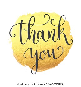 Thank you hand lettering on splash hand drawn abstract colorful golden textured background. Template for your design. Vector illustration