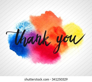 Thank you hand lettering on splash bright watercolor background. Vector illustration