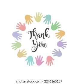 Thank you hand lettering vector with a circle of hands of different colors.