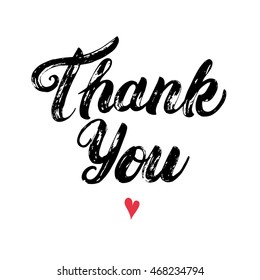 Thank you hand written calligraphy with heart. Brush pen lettering isolated on white background. Brush texture. Vector illustration.