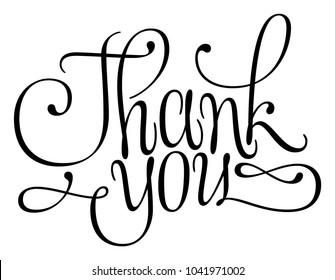 Thank you hand written cursive elegant calligraphy with swashes, lettering design illustration black on white isolated
