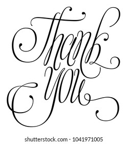 Thank you hand written cursive elegant calligraphy with swashes, lettering design illustration black on white isolated