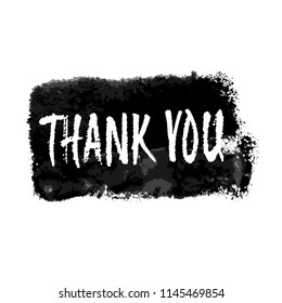 Thank you. Hand written lettering on watercolor banner. Vector white on black backdrop. Clipping paths included.
