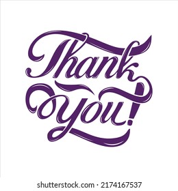 Thank you is hand-drawn in modern calligraphy style in purple color on a white background. Vector illustration