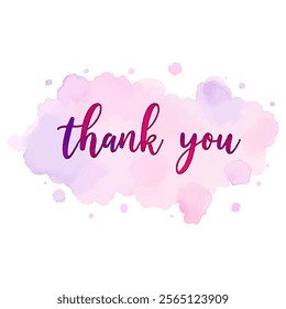 "Thank You" hand-lettered in elegant script with a soft, watercolor wash background in shades of pink and purple. 