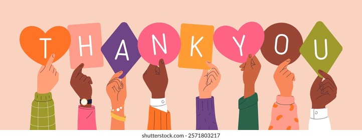 Thank You, hands holding letters with grateful word. Gratitude and appreciation expression concept. People with thankful feedback, appreciating. Flat vector illustration isolated on white background